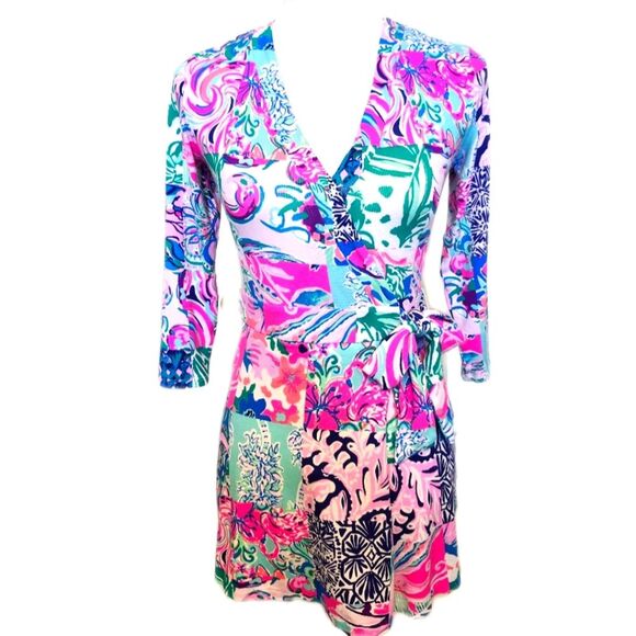 Lilly Pulitzer Karlie Wrap Romper, hot pink, aqua, blue, white, size XXS - Picture 1 of 11
